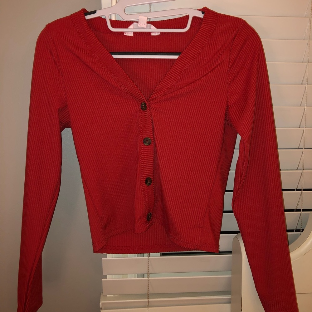 Red button down sweater
